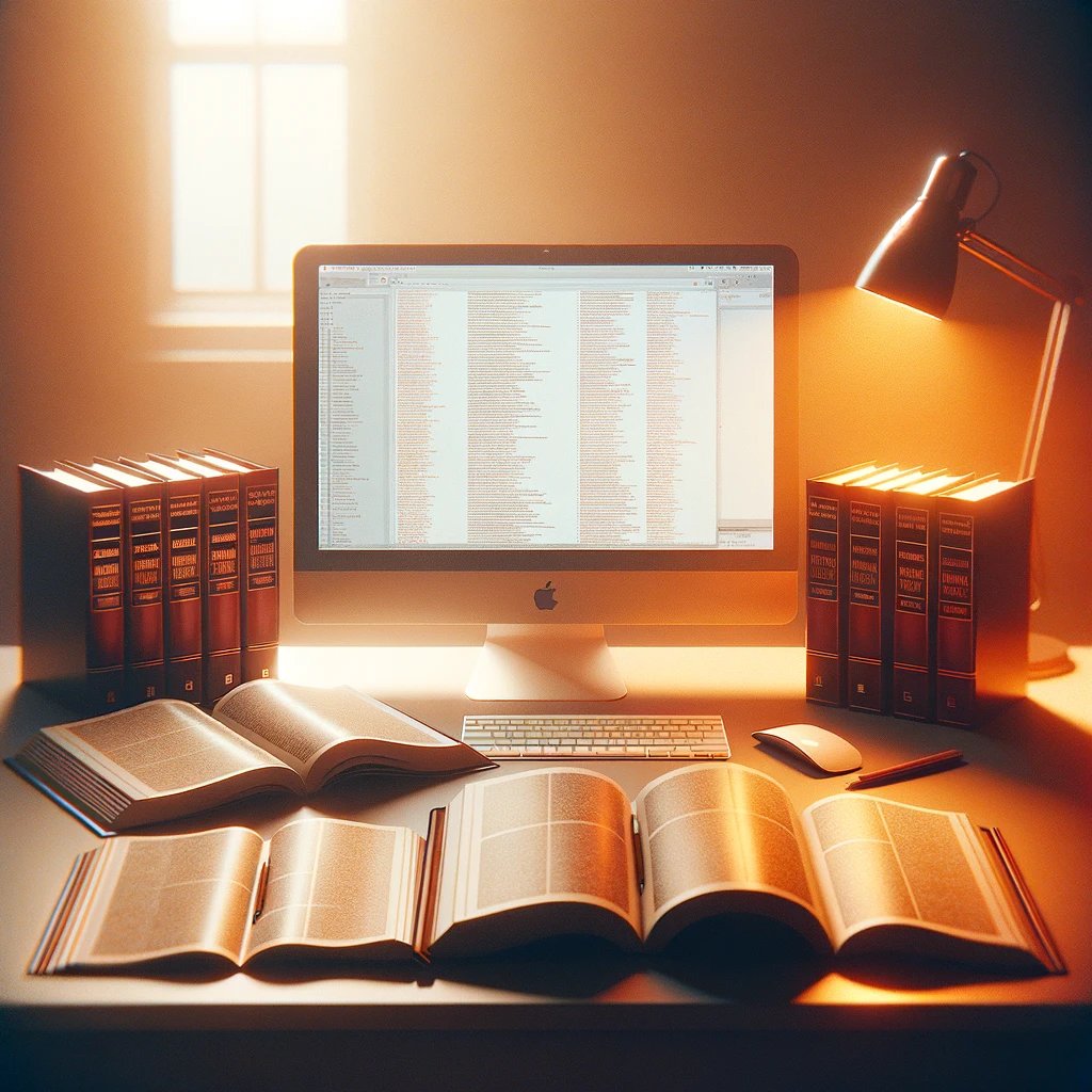 warm-hued workspace with open reference manuals and a computer monitor on a desk, symbolizing focused learning of the Acrobat SDK