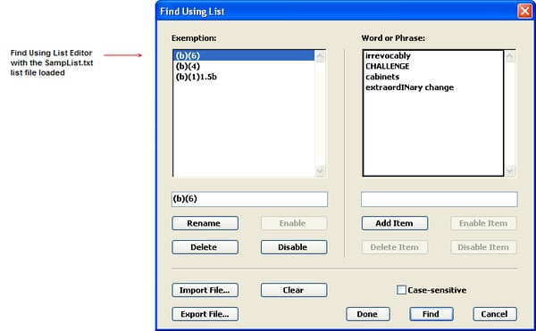 Find Using List dialog that shows the contents of the sample SampList.txt file