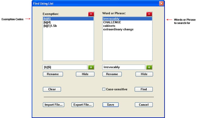 Find Using List dialog with several exemption codes and words/phrases