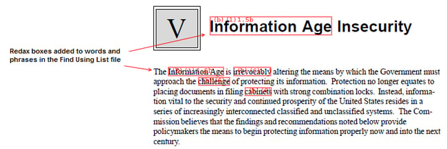 Example of Redax boxes added to file after running Find Using List