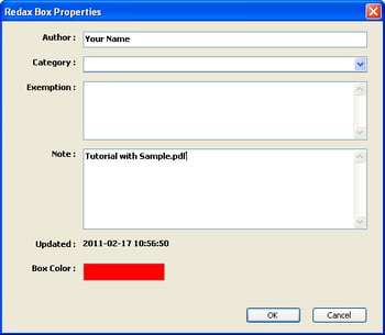 Redax box properties that is displayed when you double click on a box