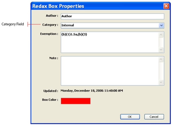 Redax box properties showing category