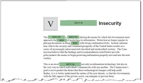 Shows redacted areas with exemption codes and fill color set to green