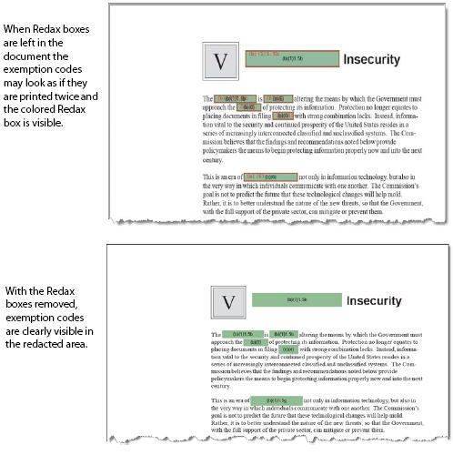 Shows an example of redacted areas with the Redax boxes still present on the file.  Image at bottom shows areas when boxes are removed