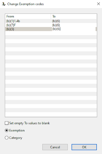 Change Exemption Code Dialog