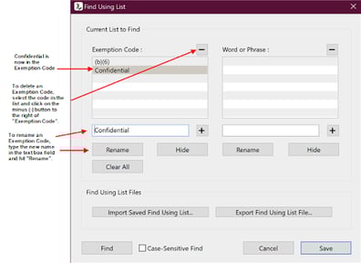 Delete and rename exemption codes in Find Using List dialog
