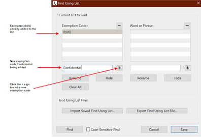 Adding an exemption code in the Find Using List dialog