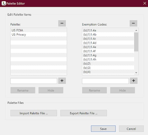 Exemption code palette editor