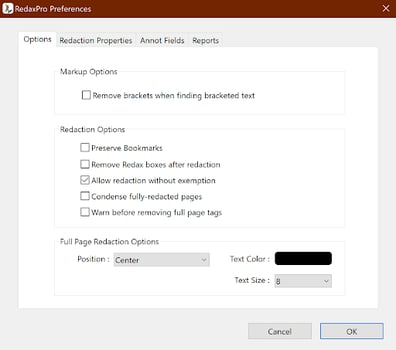 Redaction Preferences - Options Tab