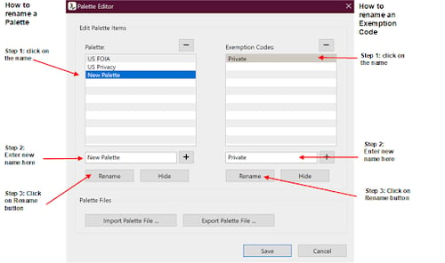 Shows how to rename a palette and exemption code