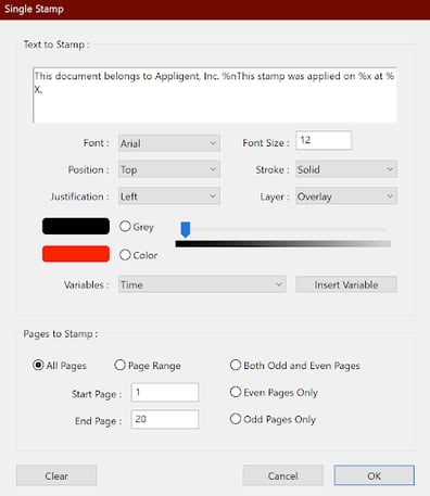 Stamp dialog for stamping text