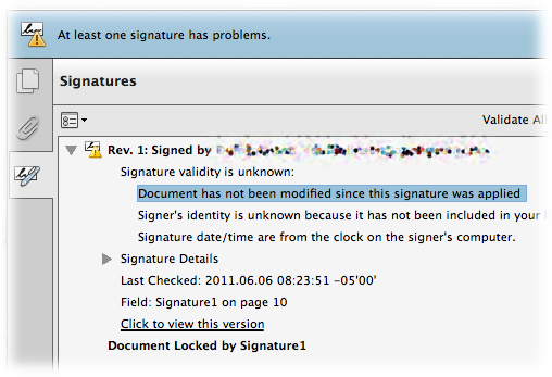 Signature panel in Acrobat that lists all the signatures applied to the PDF document