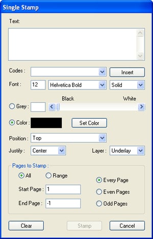 Single stamp dialog showing options for stamping text
