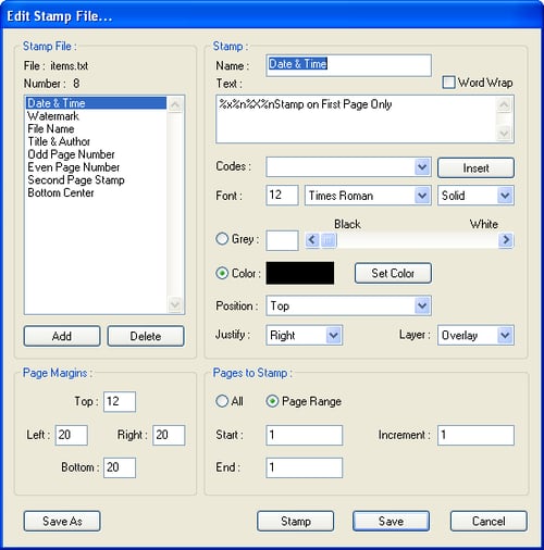 Edit stamp file dialog where you can make changes to your stamps