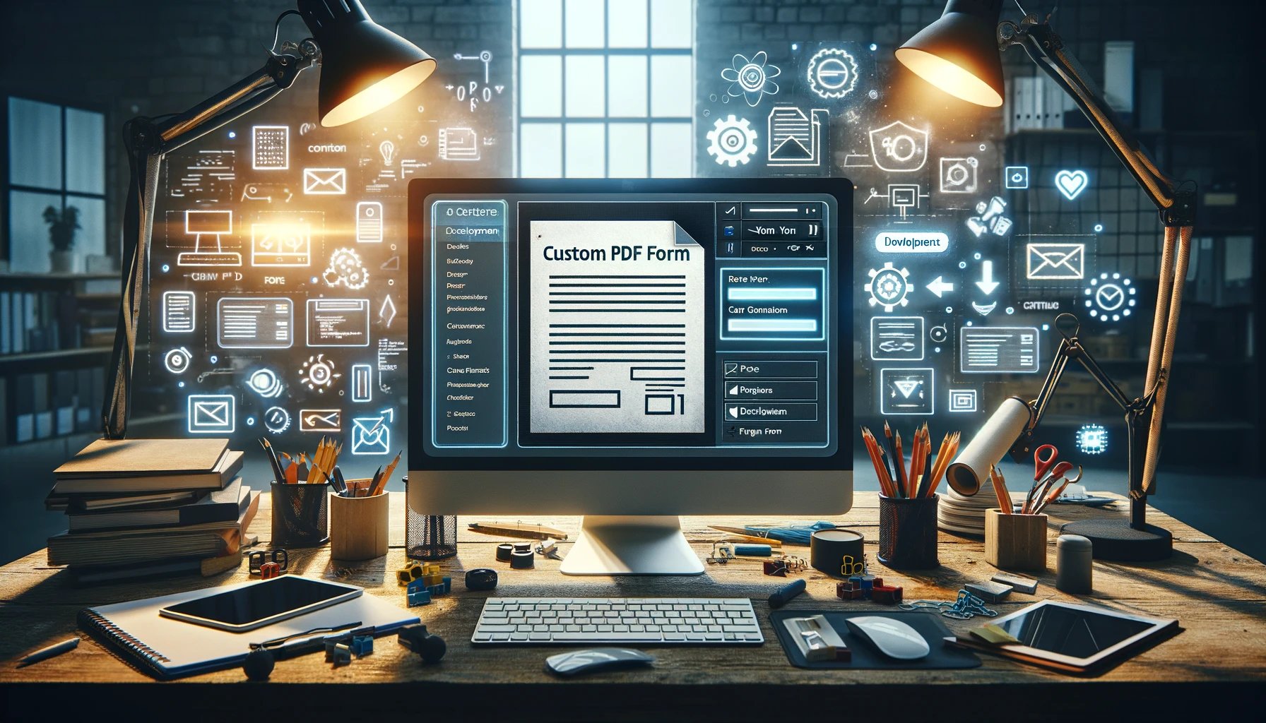 Custom PDF form development on a computer screen with code and design tools in a modern workspace.